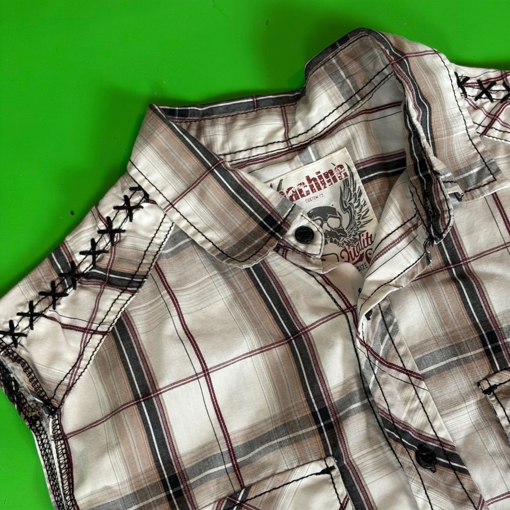 Machine Sleeveless Button Down Mens S White Brown Plaid Western Shirt Rock Rodeo